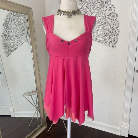 Early 2000 Bright Pink Blush Sheer Layered Mesh Beaded Fairy Cami Babydoll Top M - Picture 2 of 8